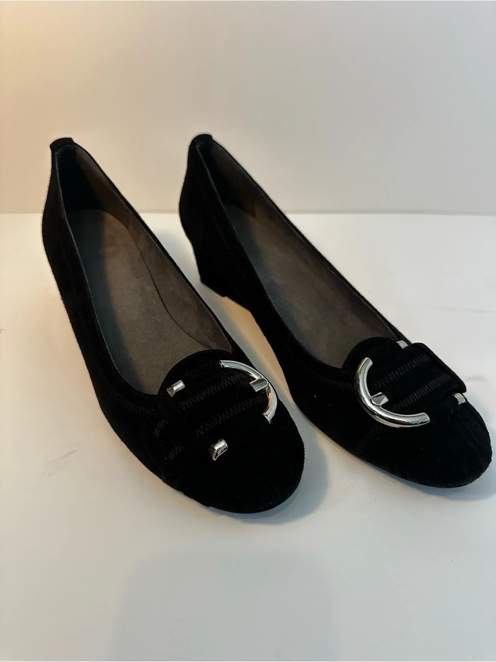 Stuart Weitzman Black Suede Women's Wedge with Silver Buckle - size 7.5 N